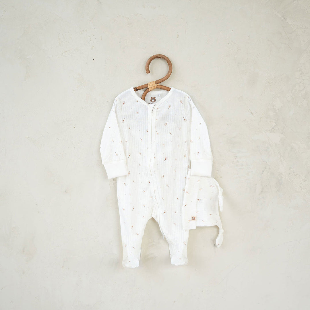 JBØRN Organic Cotton Ribbed Lightweight Sleep Suit and Hat Ribbed Ivory & Cotton Flowers - Personalisable Baby Products Sold and Personalised by JustBørn