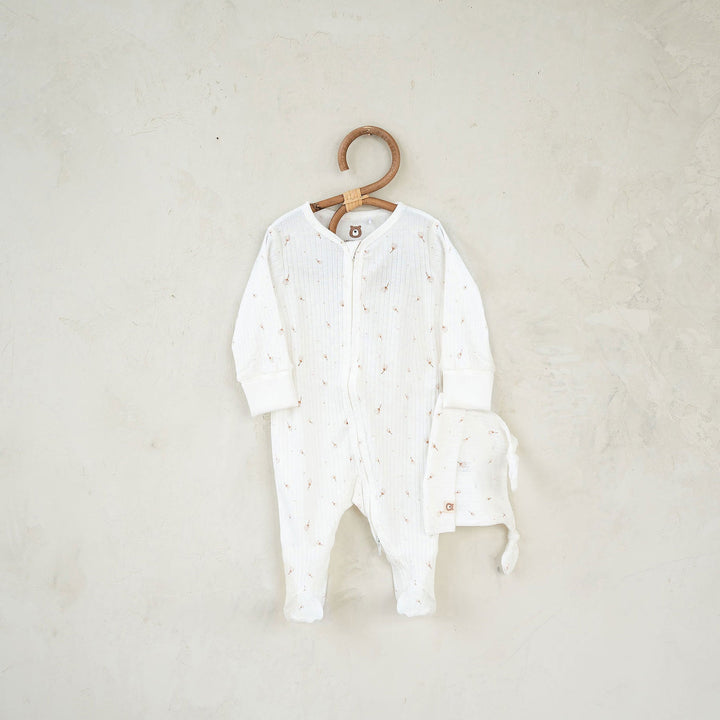 JBØRN Organic Cotton Ribbed Lightweight Sleep Suit and Hat Ribbed Ivory & Cotton Flowers - Personalisable Baby Products Sold and Personalised by JustBørn