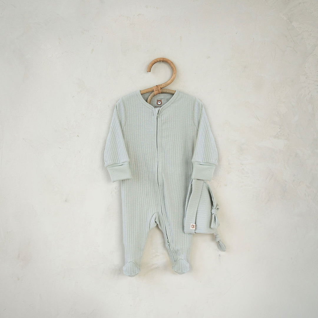 JBØRN Organic Cotton Ribbed Lightweight Sleep Suit and Hat Ribbed Sage - Personalisable Baby Products Sold and Personalised by JustBørn