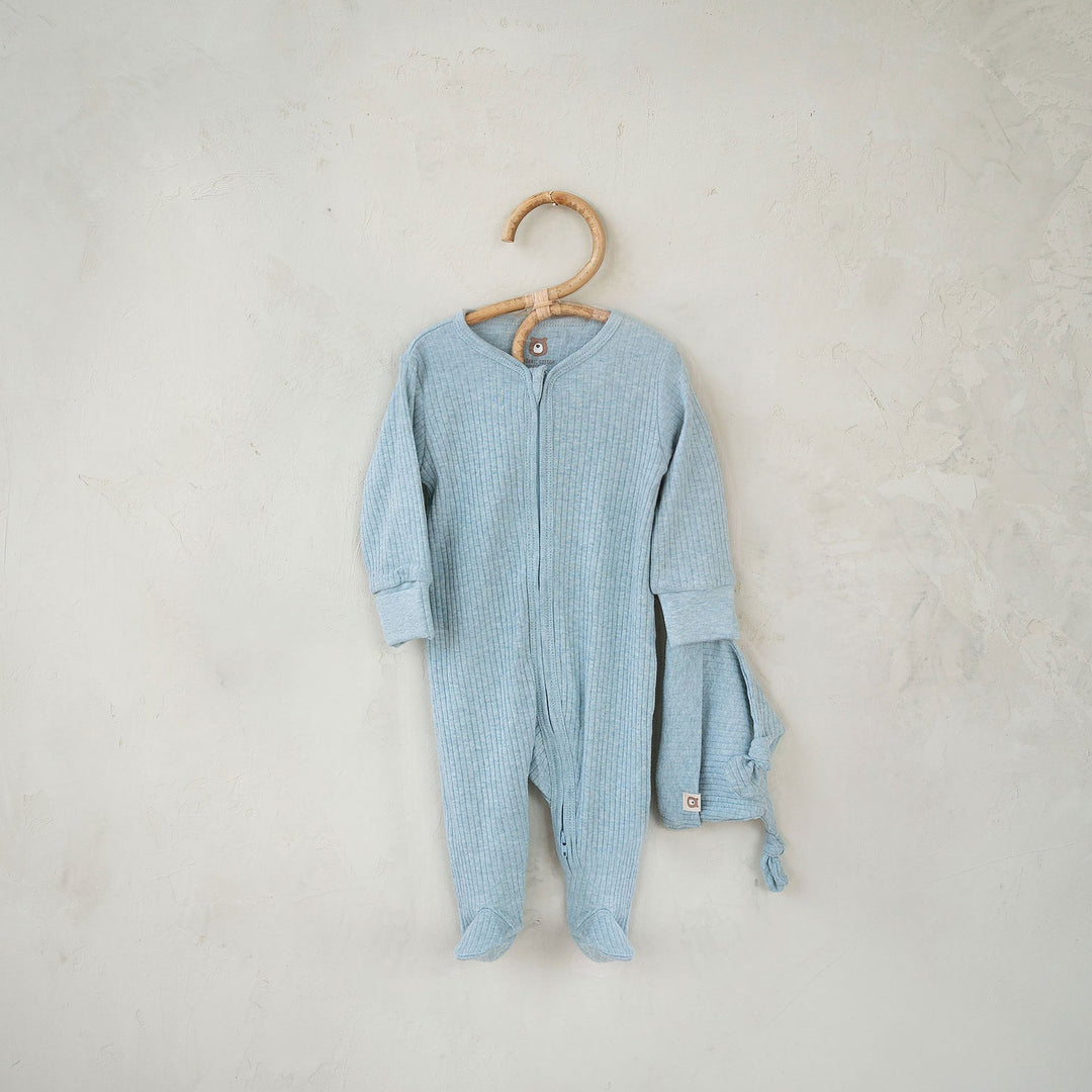 JBØRN Organic Cotton Ribbed Lightweight Sleep Suit and Hat Ribbed Stone Blue - Personalisable Baby Products Sold and Personalised by JustBørn