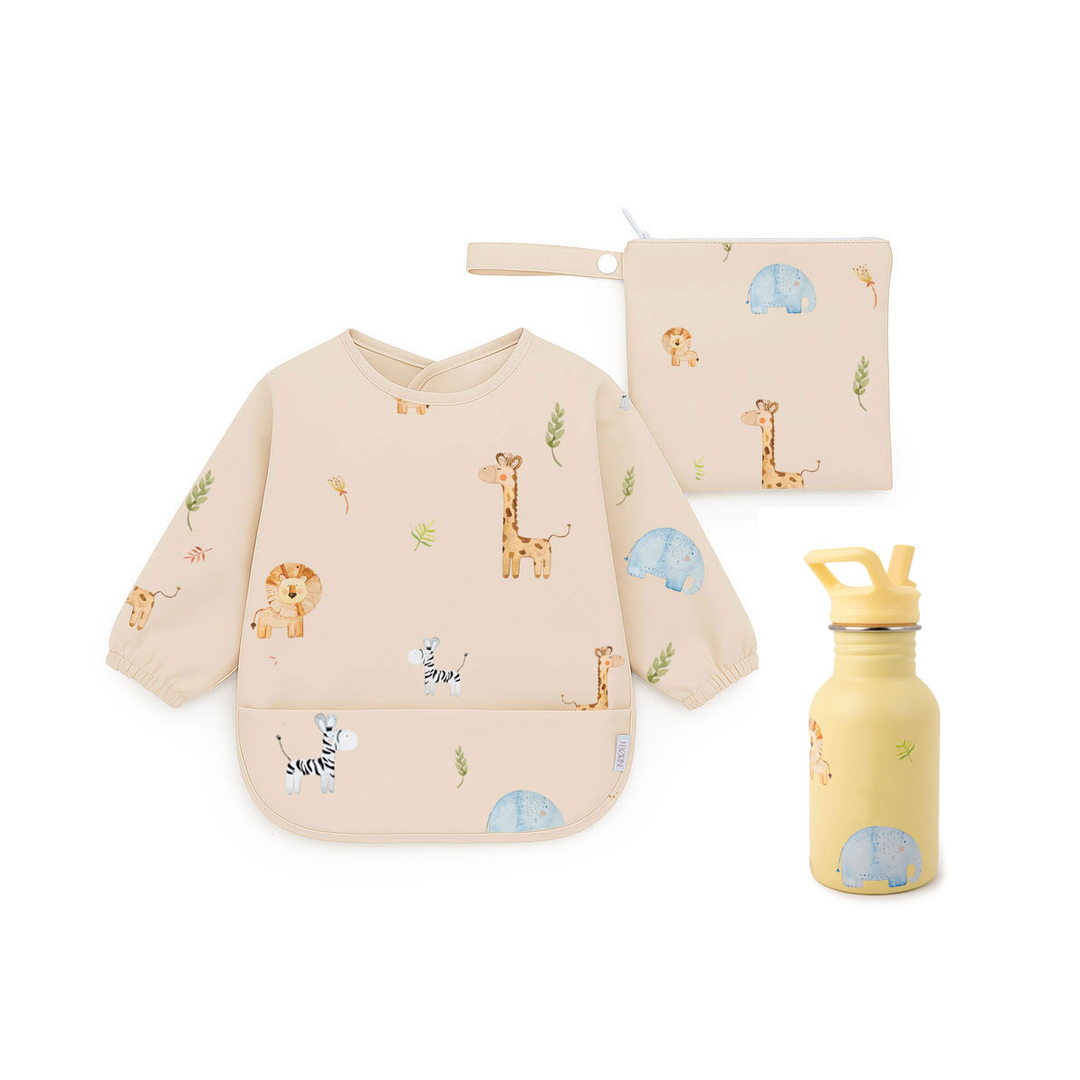 JBØRN First Birthday Gift Set | Personalised Water Bottle & Matching Sleeved Bib Safari Park - Personalisable Baby Products Sold and Personalised by JustBørn