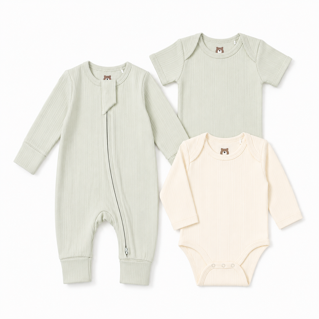 JBØRN Ribbed Bamboo Essential Bundle | 6+months Sage | 3-Piece Set - Personalisable Baby Products Sold and Personalised by JustBørn