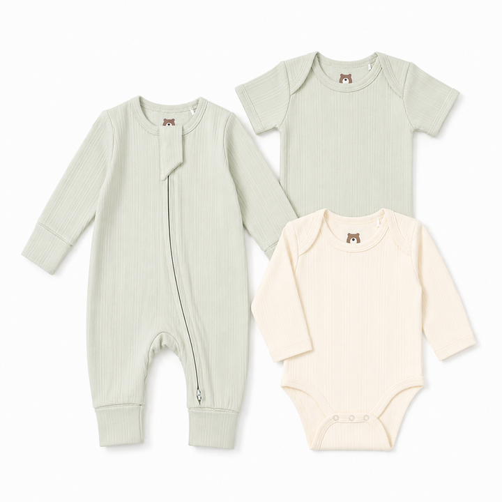 JBØRN Ribbed Bamboo Essential Bundle | 6+months Sage | 3-Piece Set - Personalisable Baby Products Sold and Personalised by JustBørn
