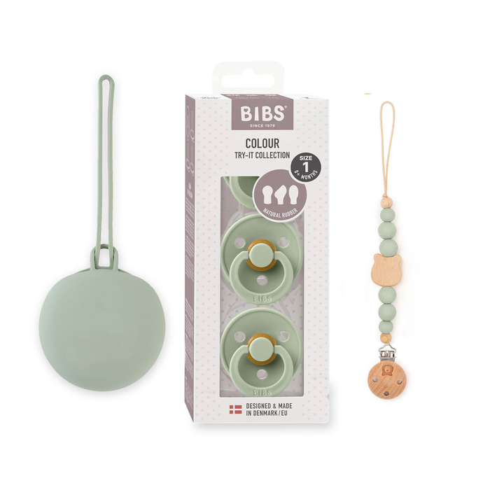 JBØRN x BIBS Baby Gift Set | Baby's First Pacifier Pack & Holders Set Sage - Personalisable Baby Products Sold and Personalised by JustBørn