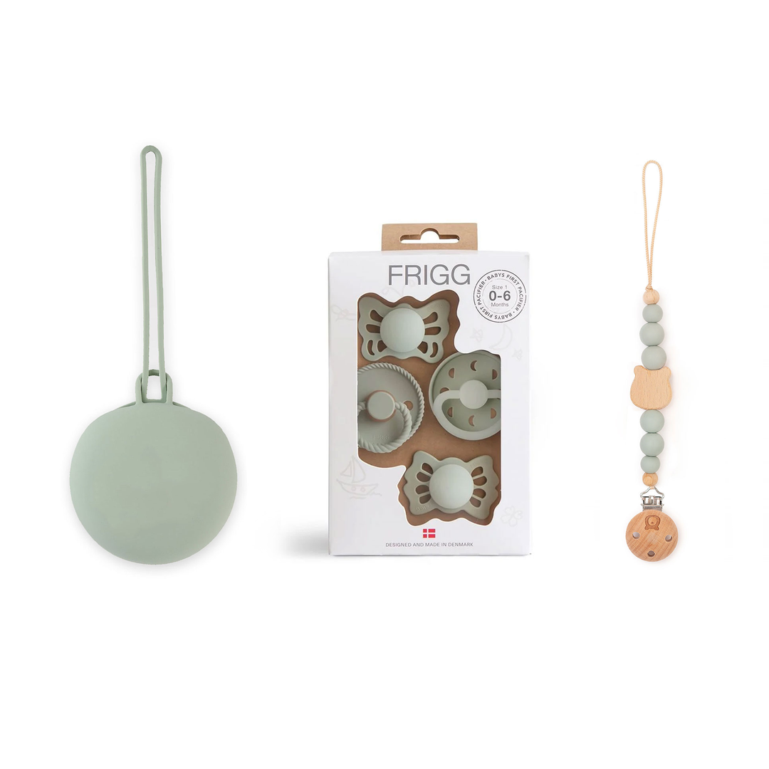 JBØRN X FRIGG Trial Collection Pacifiers & Personalised Holders Set Sage Moonlight Set - Personalisable Baby Products Sold and Personalised by JustBørn