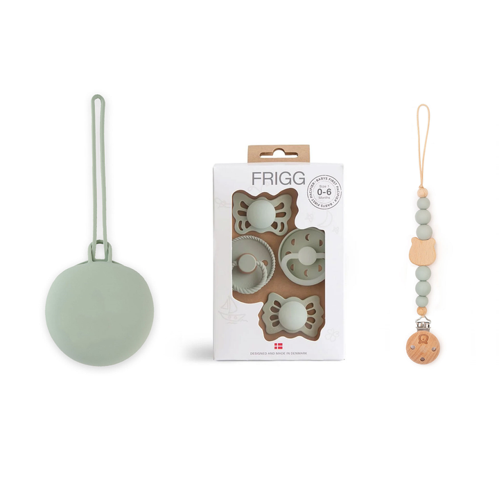 JBØRN X FRIGG Trial Collection Pacifiers & Personalised Holders Set Sage Moonlight Set - Personalisable Baby Products Sold and Personalised by JustBørn