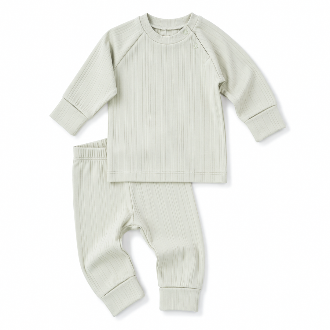 JBØRN Ribbed Bamboo Pyjama Set Sage Pyjama - Personalisable Baby Products Sold and Personalised by JustBørn