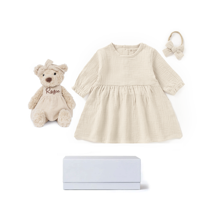 JBØRN New Baby Girl Gift Set | Personalised Teddy & Matching Baby Dress Sandstone Muslin Dress Set - Personalisable Baby Products Sold and Personalised by JustBørn