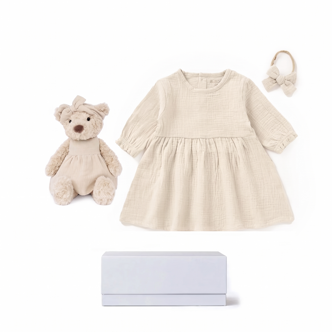 JBØRN New Baby Girl Gift Set | Personalised Teddy & Matching Baby Dress Sandstone Muslin Dress Set - Personalisable Baby Products Sold and Personalised by JustBørn