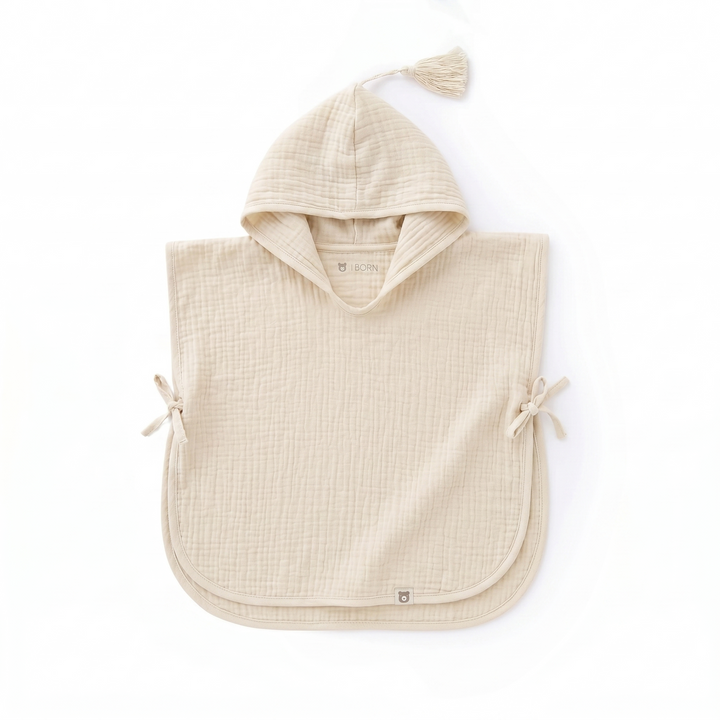 JBØRN Organic Cotton Muslin Hooded Poncho Towel Sandstone Muslin Poncho - Personalisable Baby Products Sold and Personalised by JustBørn