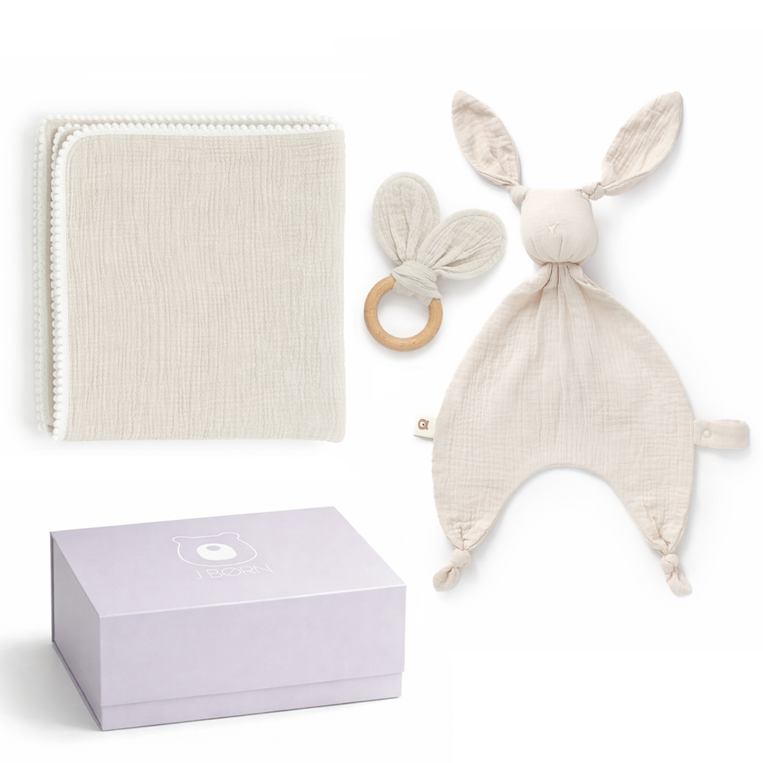JBØRN Baby Gift Set | Organic Cotton Muslin Blanket, Comforter & Teether Set Sandstone Swaddle & Comforter Gift Set - Personalisable Baby Products Sold and Personalised by JustBørn