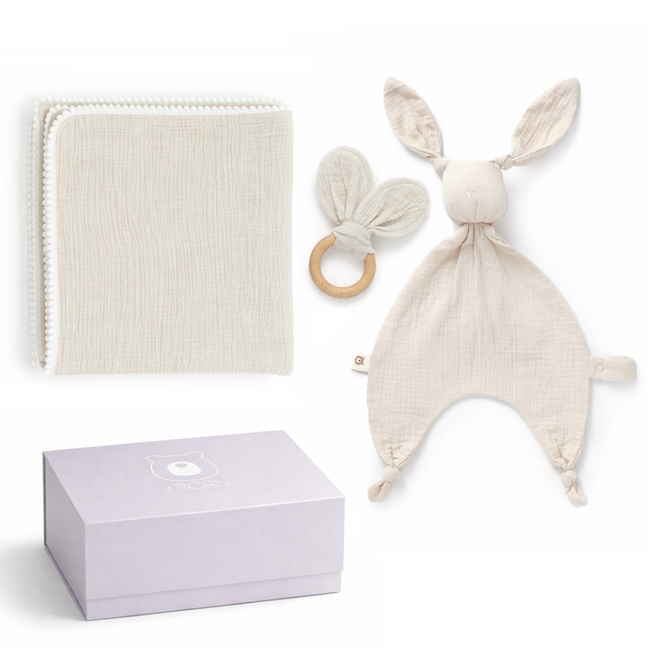 JBØRN Baby Gift Set | Organic Cotton Muslin Blanket, Comforter & Teether Set Sandstone Swaddle & Comforter Gift Set - Personalisable Baby Products Sold and Personalised by JustBørn