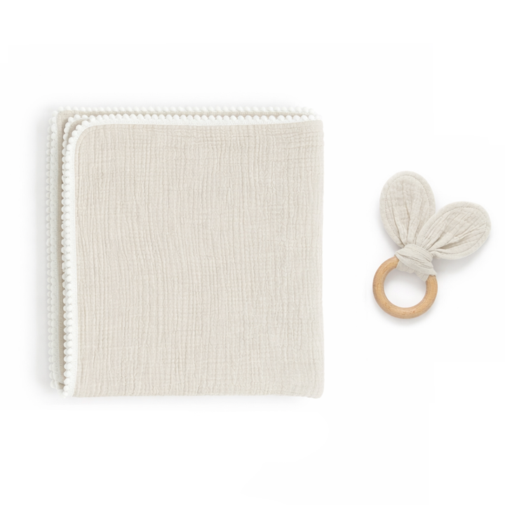 JBØRN Muslin Blanket & Wooden Teether Set | Organic Cotton Baby Swaddle Sandstone Swaddle Set - Personalisable Baby Products Sold and Personalised by JustBørn