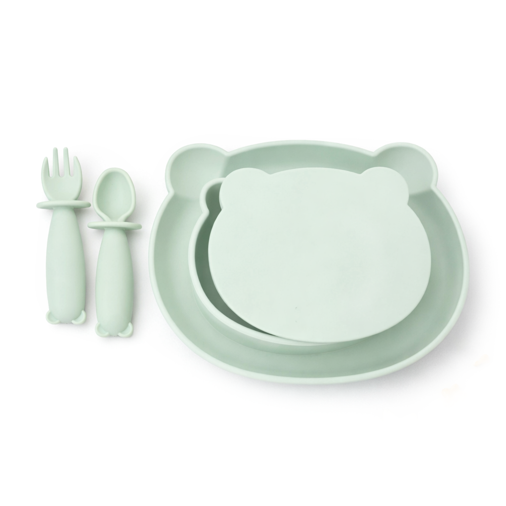 JBØRN 4-Piece Silicone Weaning Set | Suction Bowl with Lid, Plate & Cutlery Seafoam 4 Piece Set - Personalisable Baby Products Sold and Personalised by JustBørn