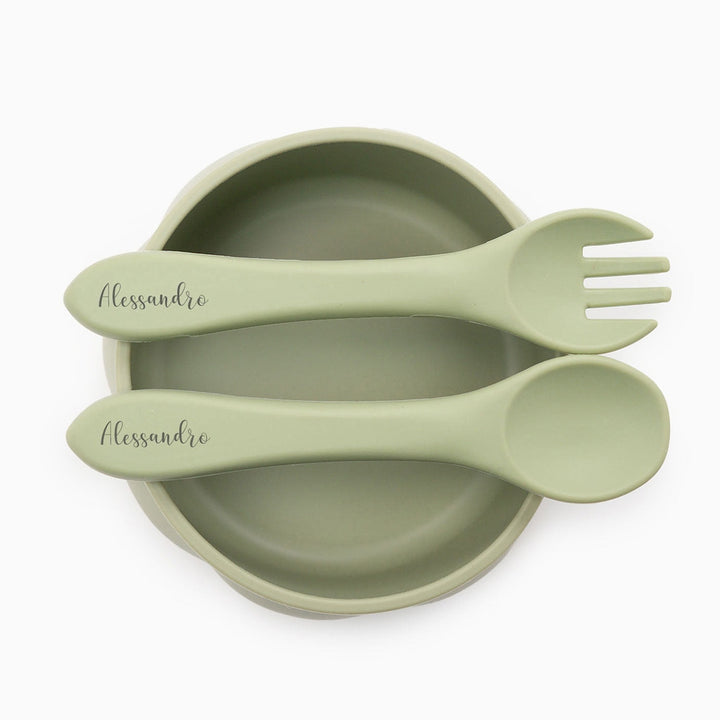JBØRN Pumpkin Silicone Bowl and Cutlery | Weaning Set | Personalisable in Olive, sold by JBørn Baby Products Shop, Personalizable by JustBørn