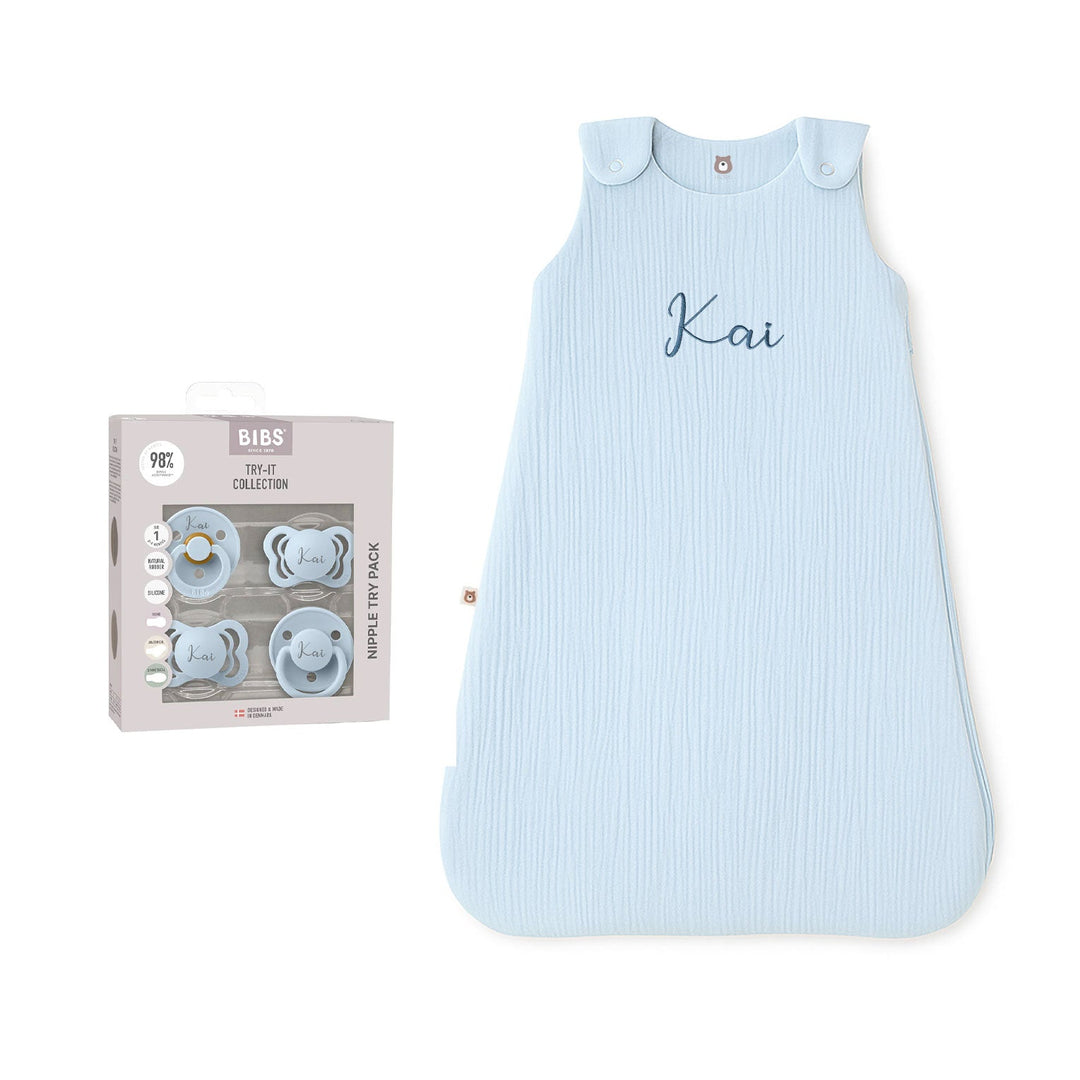 JBØRN Baby Gift Set | Organic Cotton Muslin Sleep Bag & First Pacifiers Powder Blue BIBS Try It Collection - Personalisable Baby Products Sold and Personalised by JustBørn