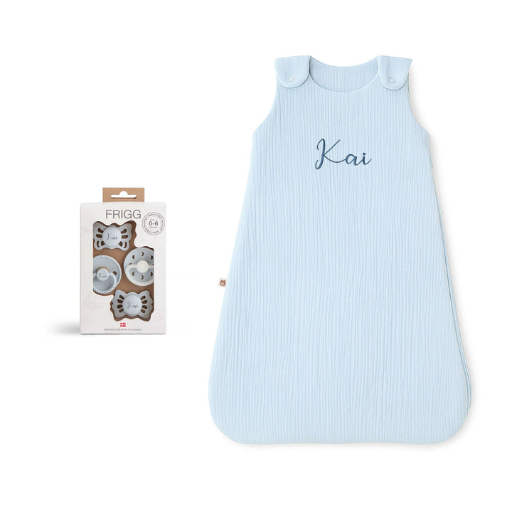 JBØRN Baby Gift Set | Organic Cotton Muslin Sleep Bag & First Pacifiers Powder Blue Frigg First Pacifiers - Personalisable Baby Products Sold and Personalised by JustBørn