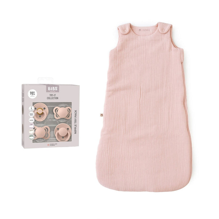 JBØRN Baby Gift Set | Organic Cotton Muslin Sleep Bag & First Pacifiers Blush BIBS Try It Collection No - Personalisable Baby Products Sold and Personalised by JustBørn