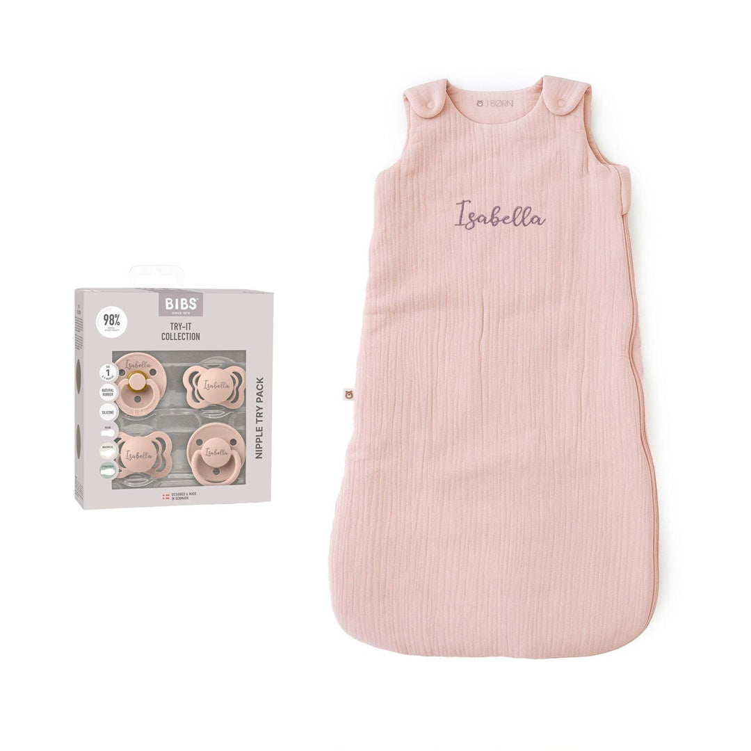 JBØRN Baby Gift Set | Organic Cotton Muslin Sleep Bag & First Pacifiers Blush BIBS Try It Collection Yes - Personalisable Baby Products Sold and Personalised by JustBørn