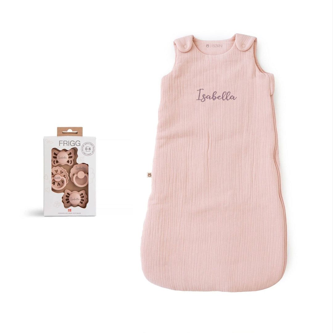 JBØRN Baby Gift Set | Organic Cotton Muslin Sleep Bag & First Pacifiers Blush Frigg First Pacifiers - Personalisable Baby Products Sold and Personalised by JustBørn