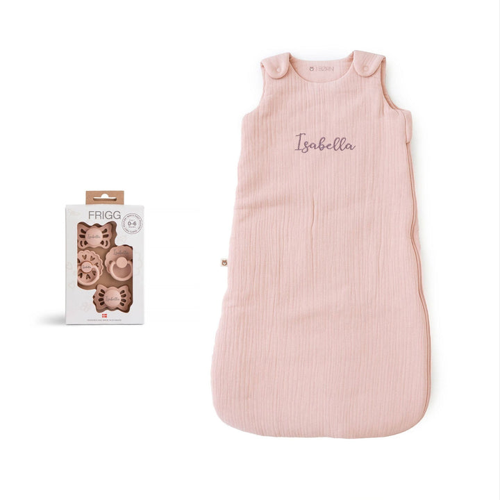 JBØRN Baby Gift Set | Organic Cotton Muslin Sleep Bag & First Pacifiers Blush Frigg First Pacifiers - Personalisable Baby Products Sold and Personalised by JustBørn