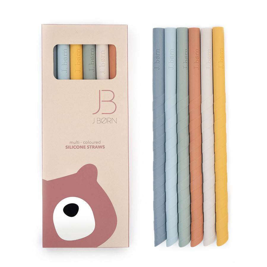 Blue Mix JBØRN Silicone Straws (Straight) x6 with Cleaning Brush & Pouch by Just Børn sold by JBørn Baby Products Shop