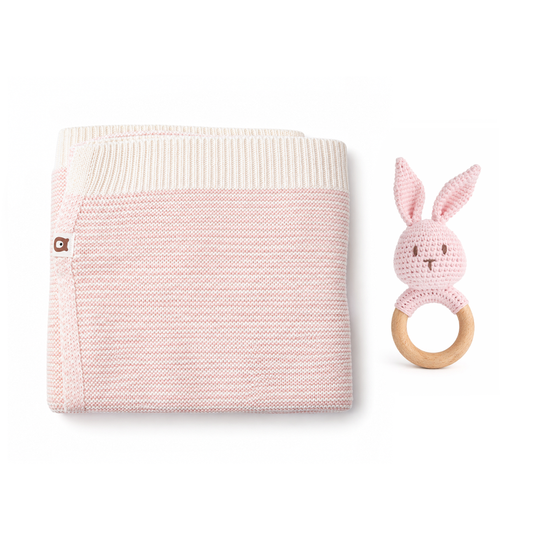 JBØRN Knitted Baby Blanket & Bunny Rattle Set Stripe Blossom Knitted Blanket & Rattle Set - Personalisable Baby Products Sold and Personalised by JustBørn