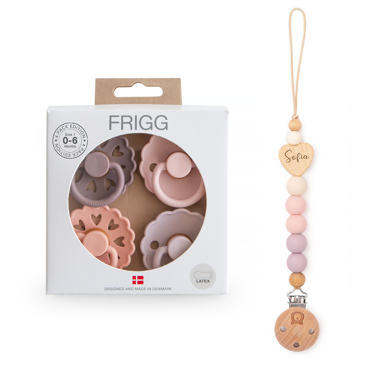 FRIGG Natural Rubber Latex Pacifier Pack of 4 & Matching JBØRN Clip Set Sunset Bliss - Personalisable Baby Products Sold and Personalised by JustBørn