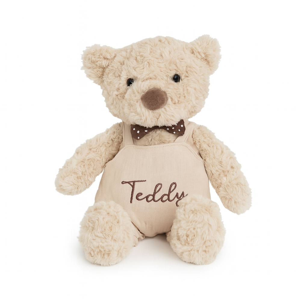 JBØRN Beige Teddy Bear Soft Toy with Personalised Outfit Teddy B in Vanilla Dungarees Yes - Personalisable Baby Products Sold and Personalised by JustBørn