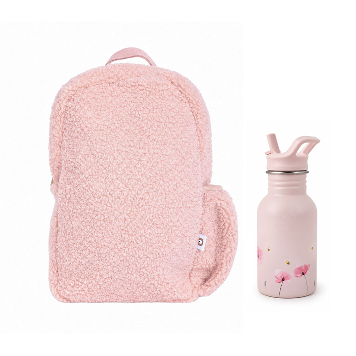 JBØRN Teddy Backpack & Water Bottle Set Teddy Backpack & Poppy Flower Bottle - Personalisable Baby Products Sold and Personalised by JustBørn