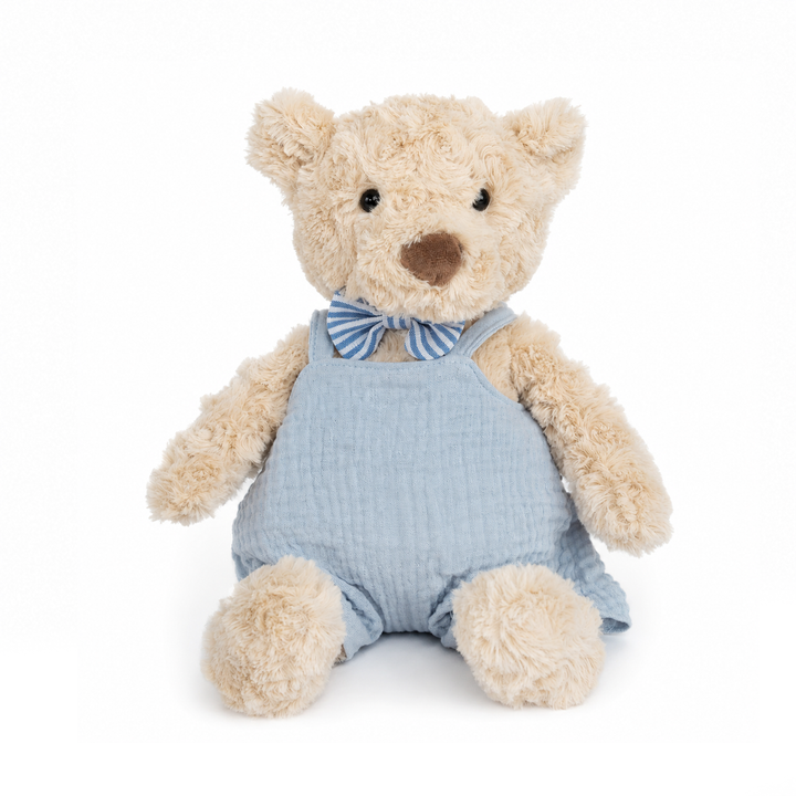 JBØRN Beige Teddy Bear Soft Toy with Personalised Outfit Teddy in Blue Dungarees - Personalisable Baby Products Sold and Personalised by JustBørn
