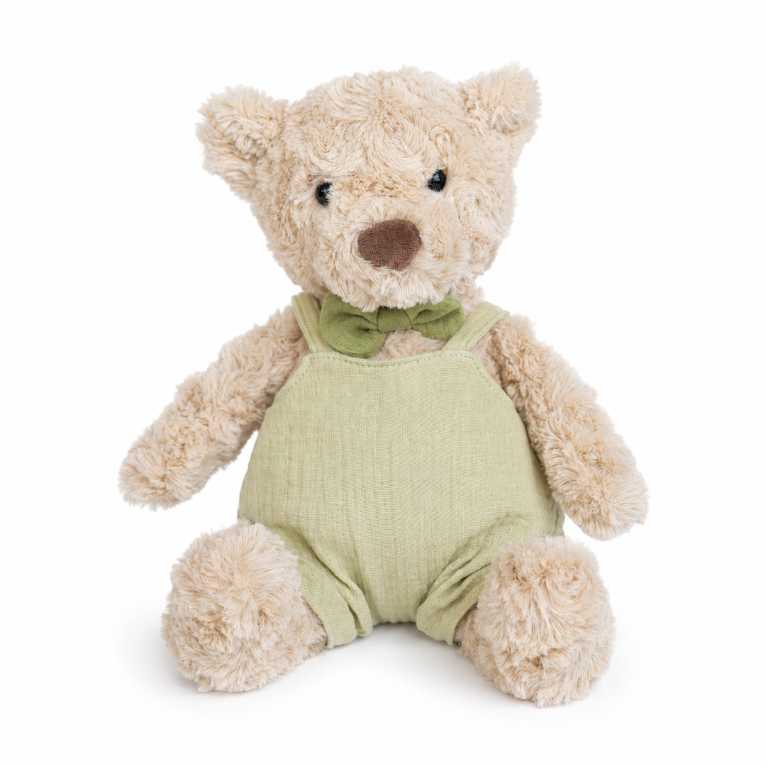 JBØRN Beige Teddy Bear Soft Toy with Personalised Outfit Teddy in Pistachio Dungarees - Personalisable Baby Products Sold and Personalised by JustBørn