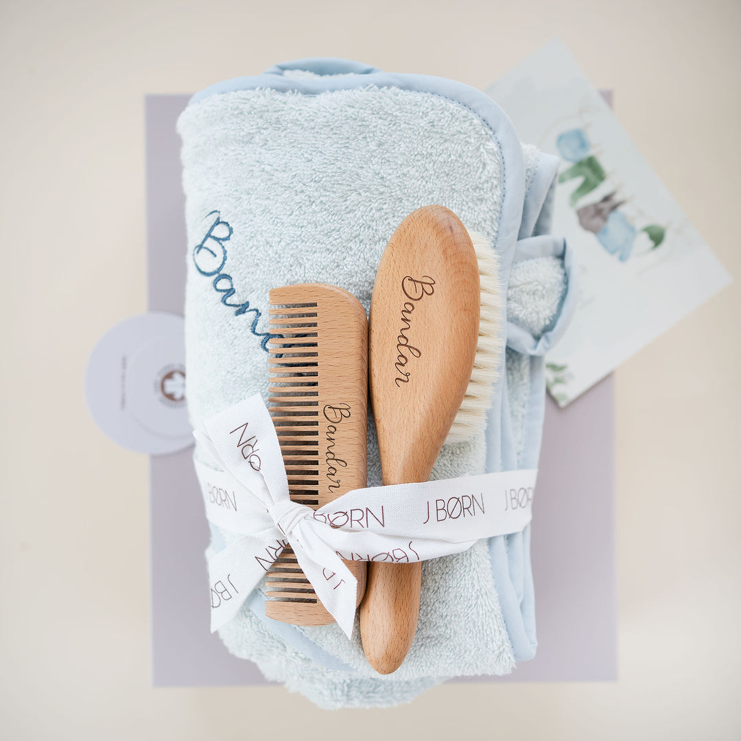 JBØRN Baby Gift Set | Organic Cotton Towel & Hair Brush Set Powder Blue Yes - Personalisable Baby Products Sold and Personalised by JustBørn