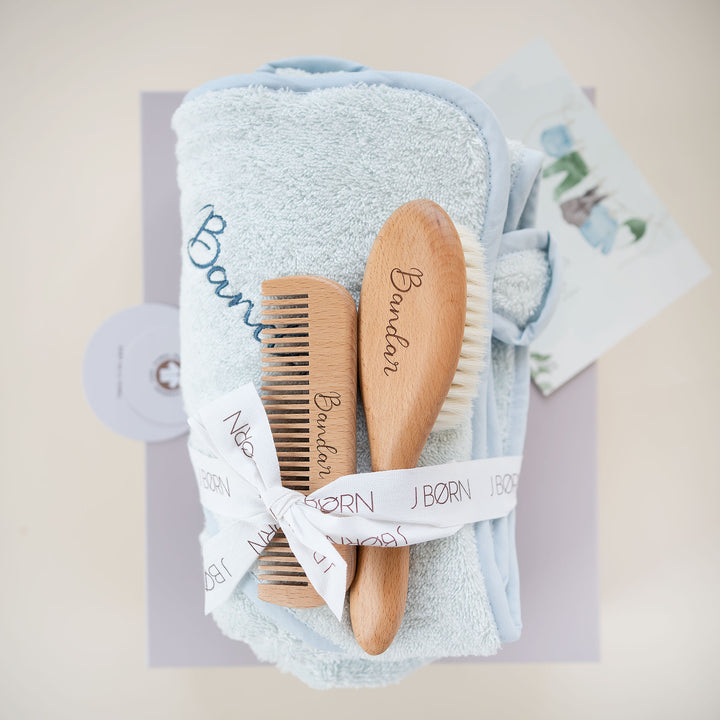 JBØRN Baby Gift Set | Organic Cotton Towel & Hair Brush Set Powder Blue Yes - Personalisable Baby Products Sold and Personalised by JustBørn