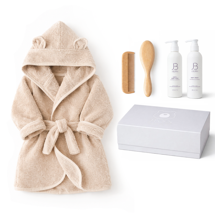 JBØRN Baby Spa Gift Set | Bathrobe, Hairbrush Set & Skincare Vanilla Baby Spa Gift Set - Personalisable Baby Products Sold and Personalised by JustBørn