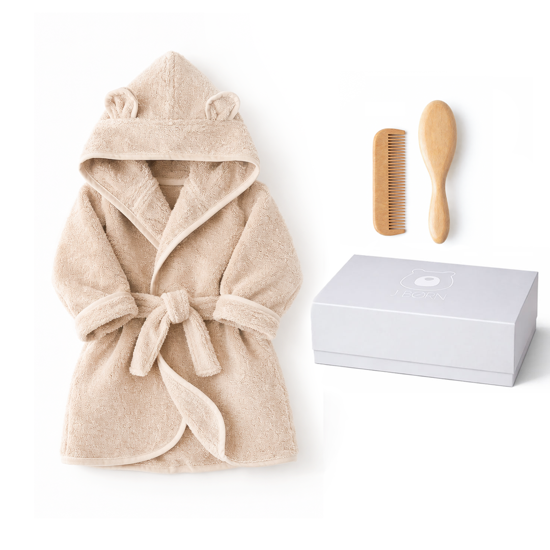JBØRN Baby Gift Set | Organic Cotton Bathrobe & Hair Brush Set Vanilla Bathrobe & Hairbrush Gift Set - Personalisable Baby Products Sold and Personalised by JustBørn