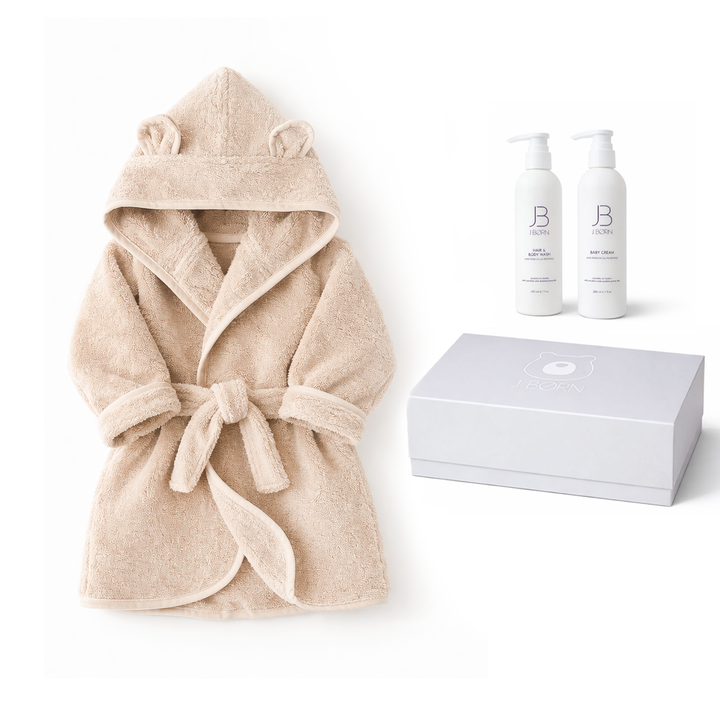 JBØRN Baby Gift Set | JBØRN Bath Robe & Skin Care Vanilla Bathrobe & Skincare Gift Set - Personalisable Baby Products Sold and Personalised by JustBørn