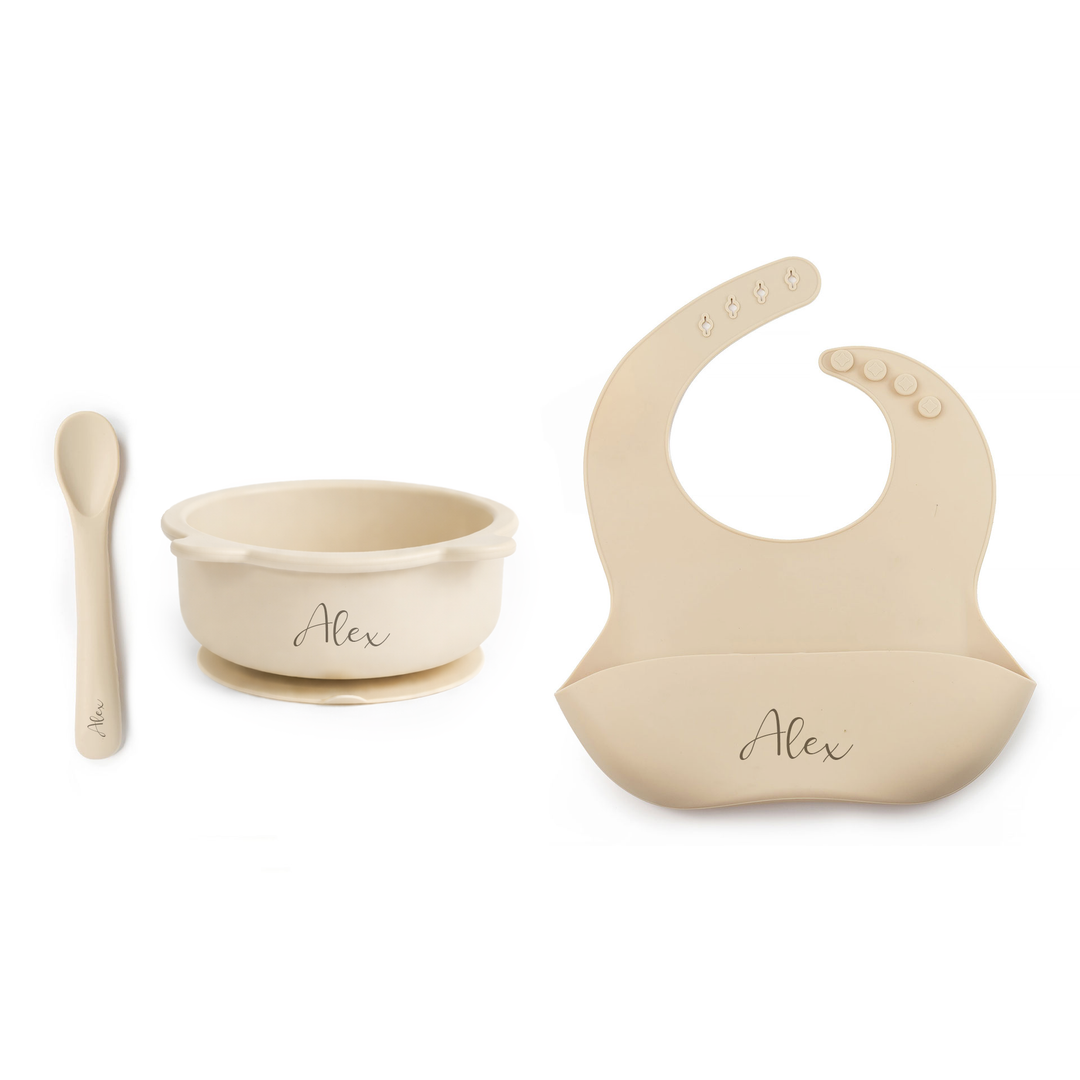 JBØRN Baby Weaning Set | Silicone Bowl, Spoon and Bib - Personalisable Baby Products Sold and Personalised by JustBørn