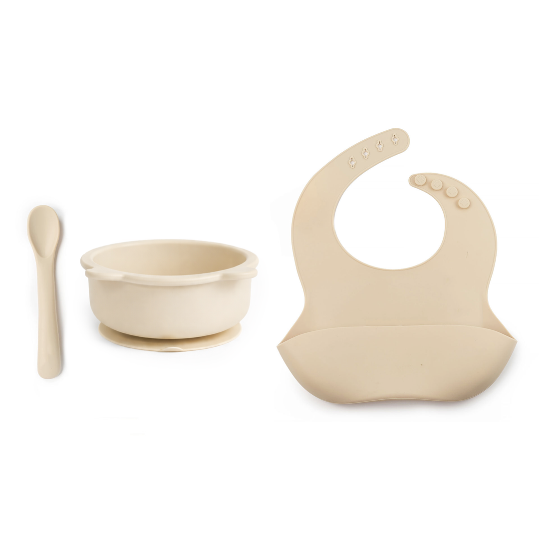 JBØRN Baby Weaning Set | Silicone Bowl, Spoon and Bib Vanilla - Personalisable Baby Products Sold and Personalised by JustBørn