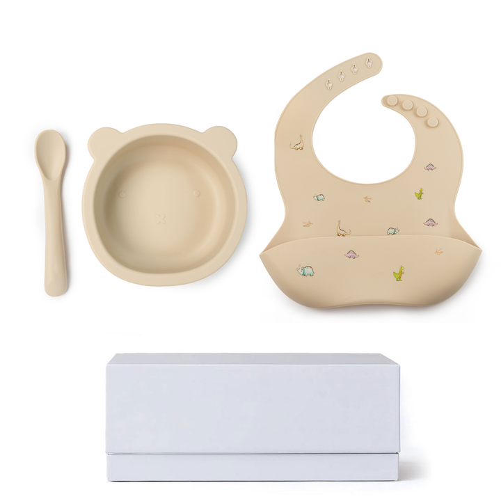 JBØRN Baby Gift Set | Silicone Bowl, Spoon and Bib Dinosaurs Vanilla No - Personalisable Baby Products Sold and Personalised by JustBørn