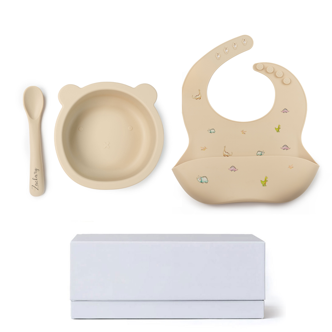 JBØRN Baby Gift Set | Silicone Bowl, Spoon and Bib Dinosaurs Vanilla Yes - Personalisable Baby Products Sold and Personalised by JustBørn