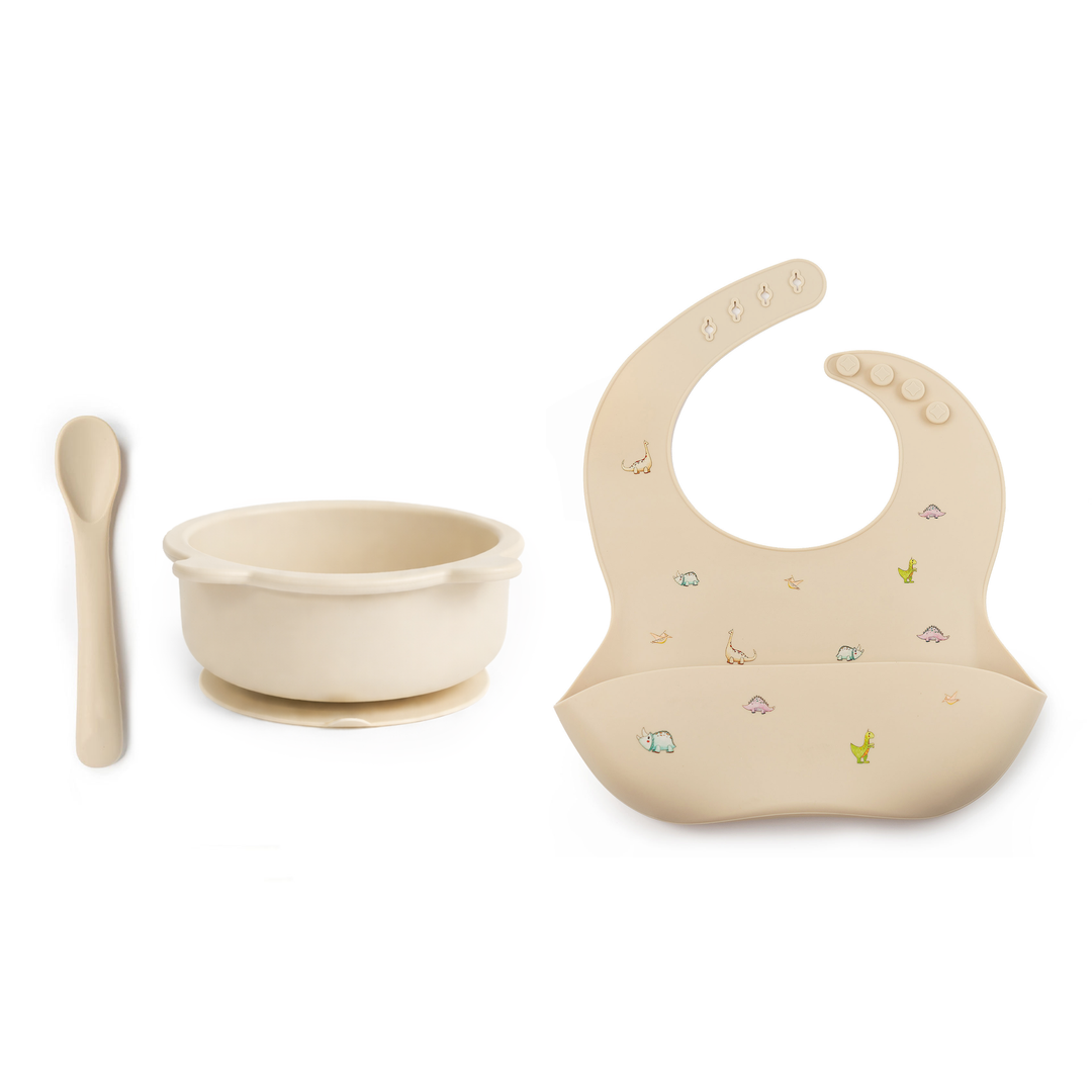 JBØRN Baby Weaning Set | Silicone Bowl, Spoon and Bib Dinosaurs Vanilla - Personalisable Baby Products Sold and Personalised by JustBørn