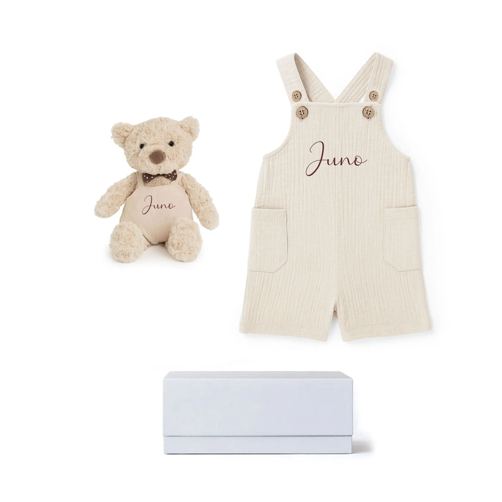 JBØRN Baby Boy Gift Set | Personalised Teddy & Matching Baby Dungarees Yes - Personalisable Baby Products Sold and Personalised by JustBørn