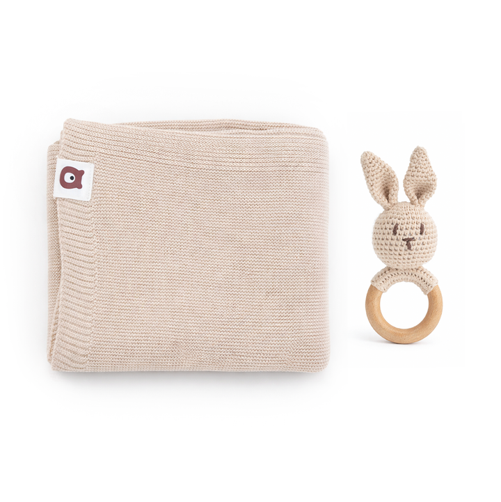 JBØRN Knitted Baby Blanket & Bunny Rattle Set Vanilla Knitted Blanket & Rattle Set - Personalisable Baby Products Sold and Personalised by JustBørn