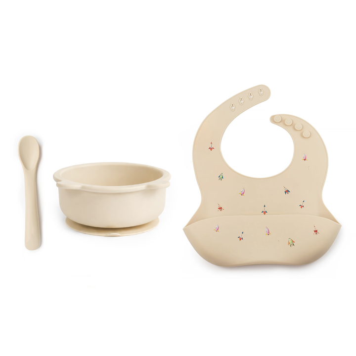 JBØRN Baby Weaning Set | Silicone Bowl, Spoon and Bib Rockets Vanilla - Personalisable Baby Products Sold and Personalised by JustBørn