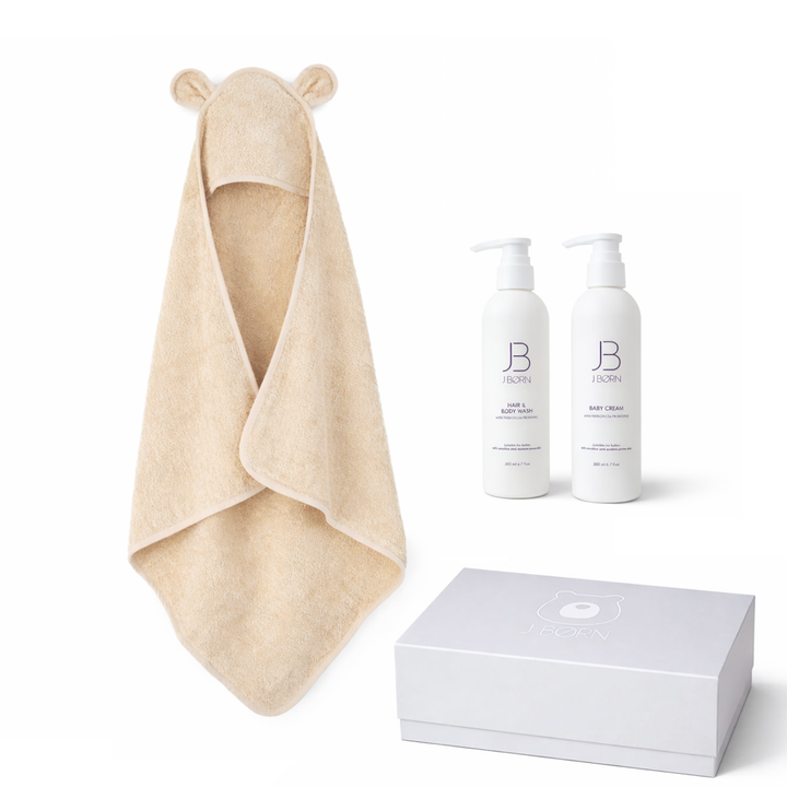 JBØRN Baby Care Gift Box | Organic Cotton Towel & Skin Care Set Vanilla - Personalisable Baby Products Sold and Personalised by JustBørn