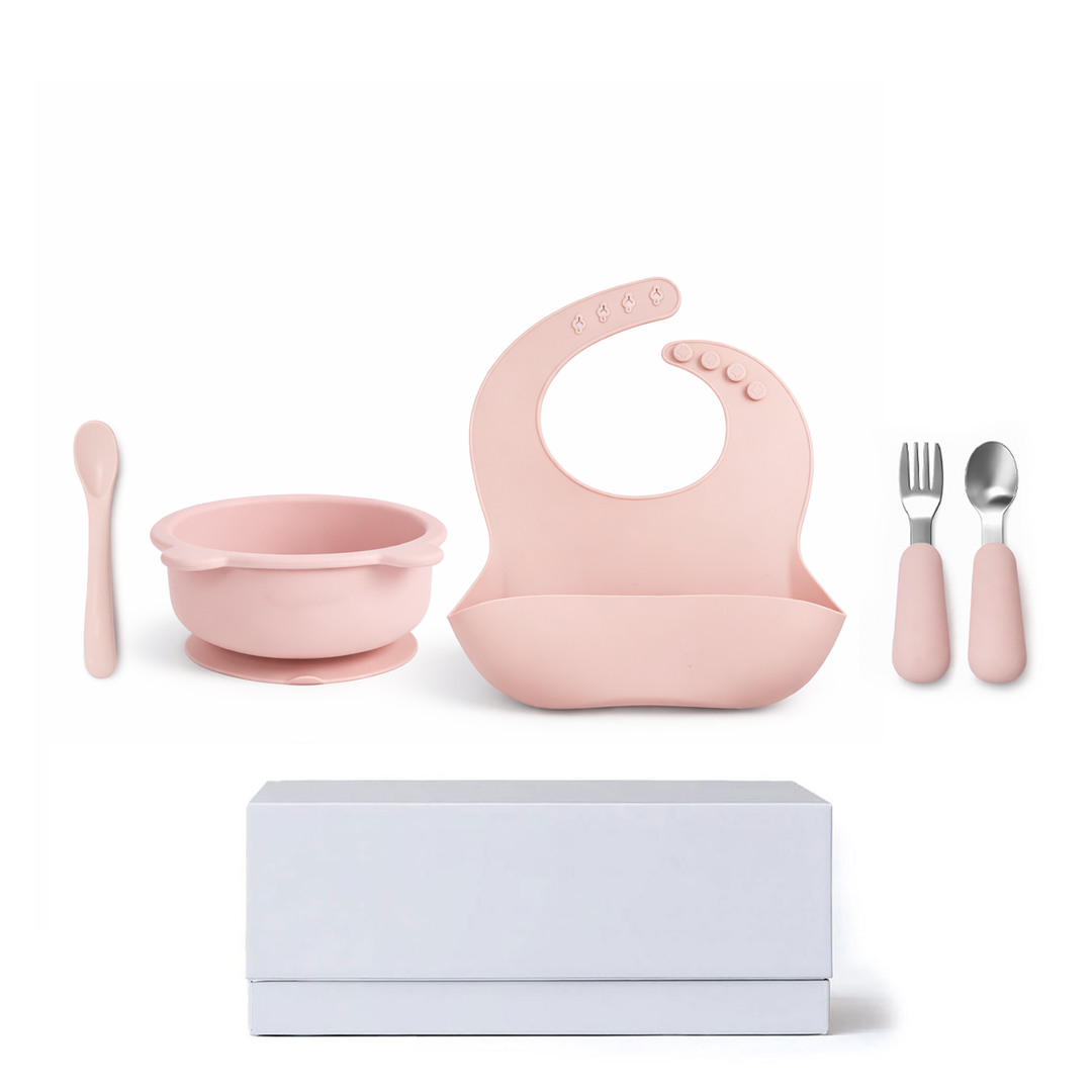 JBØRN Baby Weaning Gift Set | Silicone Bowl, Cutlery and Bib Blush - Personalisable Baby Products Sold and Personalised by JustBørn