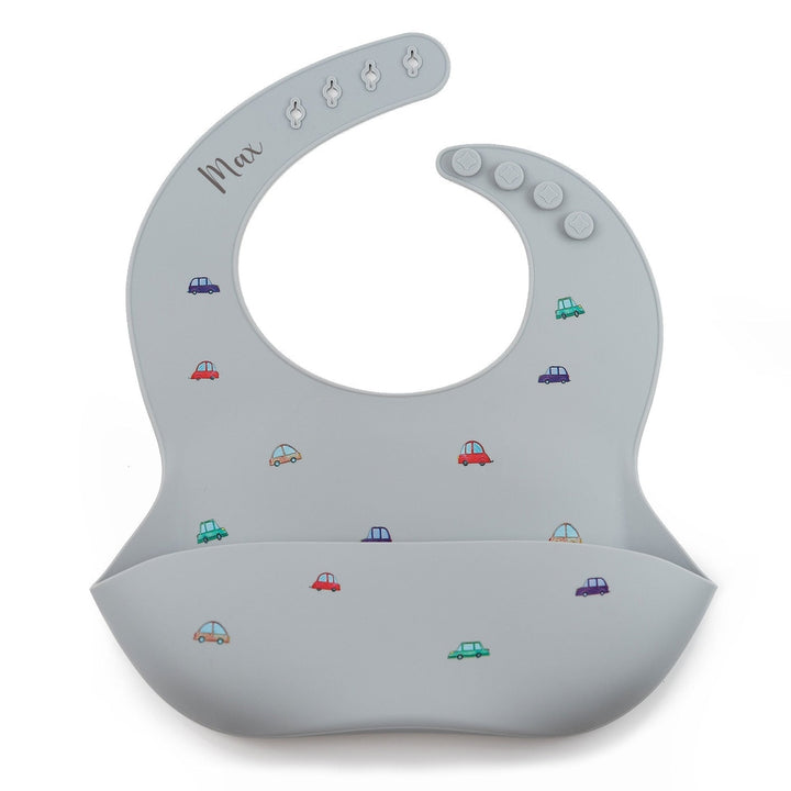 JBØRN Silicone Baby Feeding Bib | Weaning Essentials | Personalisable in Cars Cloud, sold by JBørn Baby Products Shop, Personalizable by JustBørn