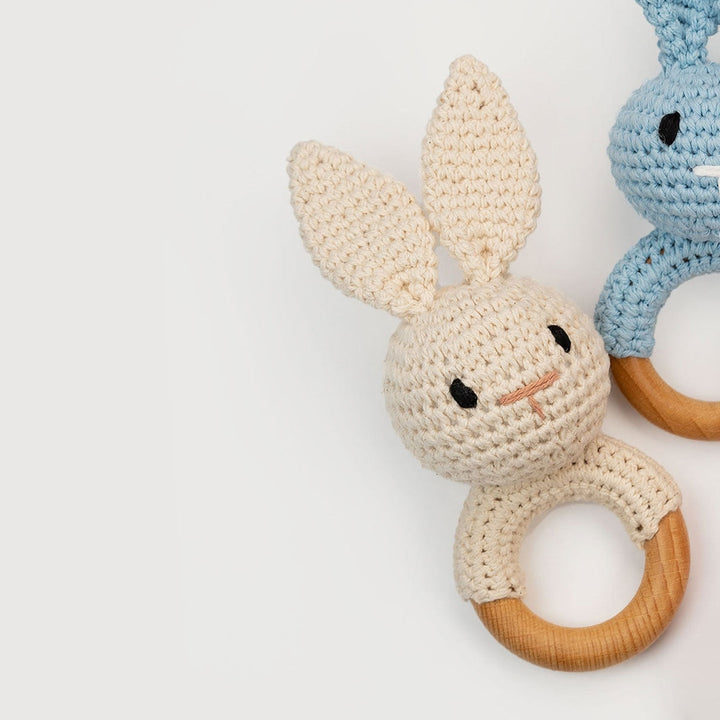 JBØRN Crochet Bunny Baby Rattle Toy | Personalisable in Cream Bunny, sold by JBørn Baby Products Shop, Personalizable by JustBørn