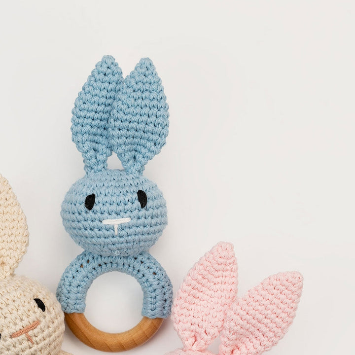 JBØRN Crochet Bunny Baby Rattle Toy | Personalisable in Blue Bunny, sold by JBørn Baby Products Shop, Personalizable by JustBørn